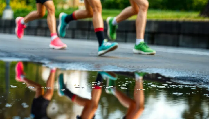 Pernas de corredores em movimento perto de uma poça